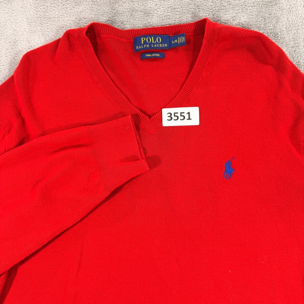 Polo Ralph Lauren Sweater Mens Large Red Pima Cotton V-Neck Long Sleeve Classic